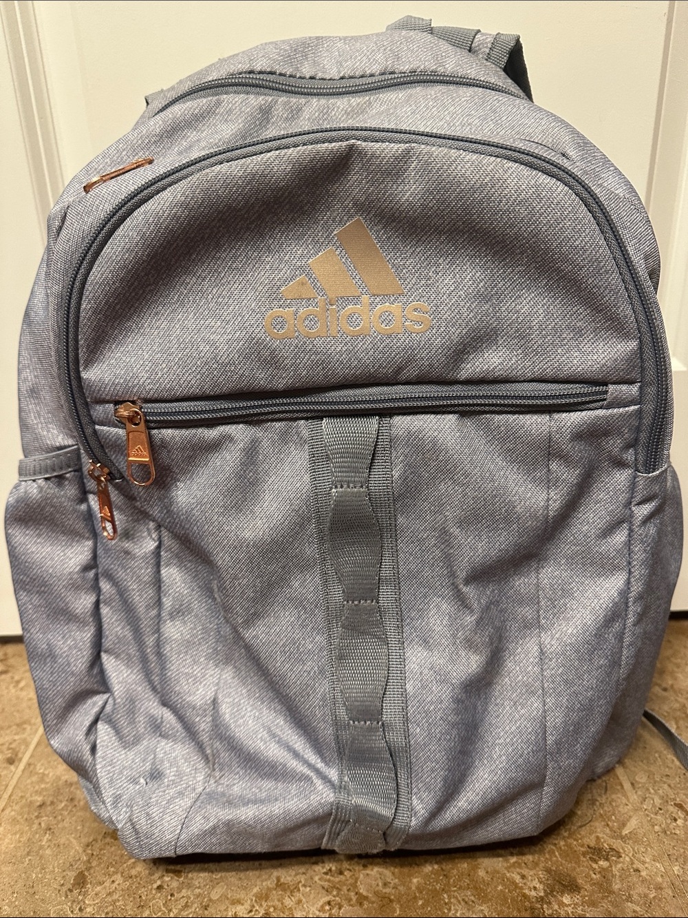 adidas Light Gray Backpack with Gold Logo Accents